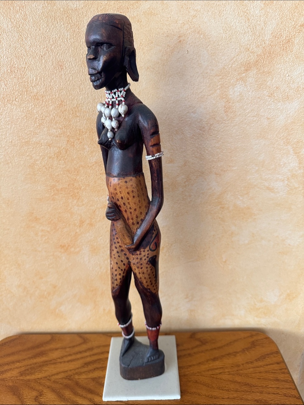 Hand-Carved Dark Wood African Statue with Shell Necklace - Unbranded
